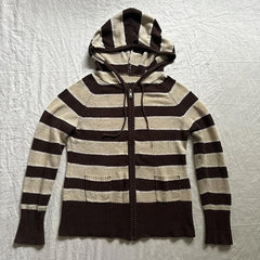 Cyflymder Women Y2K Striped Hooded Knit Cardigan Full Zip Long Sleeve Pockets Vintage Casual Knit Jacket Streetwear