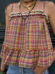 Cyflymder Women s Plaid Tank Tops Stylish Square Neck Sleeveless Spaghetti Strap Ruffled Hem Camisole for Summer Fashion
