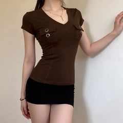 Cyflymder All Match Harajuku Punk V Neck Short Sleeve Safari Style Shirts Y2k American Punk Casual Clothes Slim High Street Lazy Tops