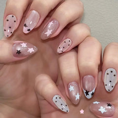Cyflymder 24pcs Nude Star Press On Nails Black White Polka‑dot French Tip Fake Nail Y2K Sweet Artificial Almond False Nail for Women