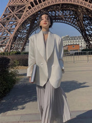 Cyflymder White Satin Suit Jacket Women's New Spring and Autumn Design Sense Elegant Retro Wide Shoulder Blazer