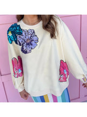 Cyflymder Women s Casual Long Sleeve Round Neck Sequins Embellished Floral Print Pullover Sweatshirt for Spring and Autumn