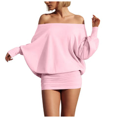 Cyflymder Off Shoulder Mini Dress Women’s Long Sleeve Strapless Pleated Patchwork Sexy Elegant Casual Outfit Party Dress Clubwear Vestidos