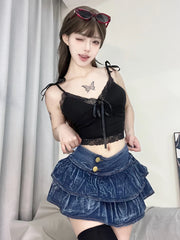 Cyflymder Women's Sexy Denim Skirt DS Bar DJ Nightclub Female Ruffles Super Short Mini Skirt Pleated Skirt Pole Dance Hotpants Clubwear