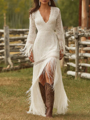 Cyflymder Elegant Vintage Women's Boho Tassel Dress White Lace V Neck Fringe Sleeve Autumn Fashion Party Dress Wedding Guest Maxi Dresses