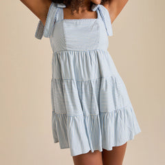 Cyflymder Women Sleeveless Mini Dress Casual Summer Tie up Strap Striped Print A-Line Party Dress for Beach Club Streetwear