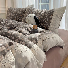 Cyflymder 3/4Pcs Korean Princess Style Floral 100% Cotton Bedding Set Vintage French Lace Duvet Cover Bed Sheet Fitted Sheet Pillowcases