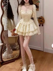 Cyflymder French Elegant Sweet Fluffy 2 Piece Set Women New Lace Stitching Sling Dress + Chic Cardigan Aesthetic Pure Desire Sexy Suits