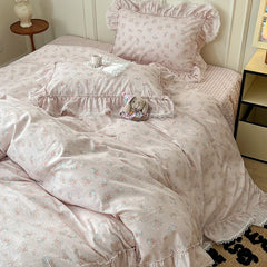 Cyflymder Korean Princess Style Ruffles Flower Print Bedding Set Duvet Cover Set Bed Skirt Bedspread Pillowcases 100% Cotton Home Textile