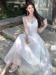 Cyflymder Temperament Dresses Women Sexy V Neck Sleeveless Mesh Patchwork Backless Slim Sweet Elegant Party Dress Ladies Chic