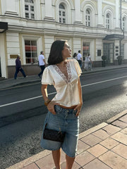 Cyflymder Lace Patchwork Short Sleeve Tops for Women V Neck Sheath Solid Tees Fashion Female Sexy Club T-shirts Elegant Casual