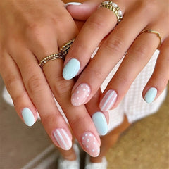 Cyflymder Cute Polka Dot Pink French Simple Nail Art Summer Short Almond Stylish Fake Nails Detachable Finished False Nails Press on Nails