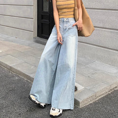 Cyflymder Woman High Waist Vintage Designer Wide Leg Jeans Female Gothic Loose Straight Leg Pants Girls Blue Light Blue Denim Trousers