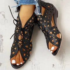 Cyflymder Wedge Sandals for Women Summer Shoes Fashion Lace Up Low Heel Flat Ladies Sandals Large Size Casual Hollow Out Sandalias