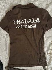 Cyflymder Coffee Colored ort Sve Ne T-irt Women's Summer Slim Fit Retro American Sle Waist Cinched Top Byao Girl