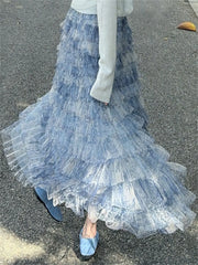 Cyflymder Elegant Floral Lace Maxi Skirt with High Waistband and Flowy Layers for Wedding Party Evening Prom Beachwear