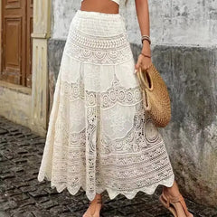 Cyflymder Bohemian Style Hollow out Lace Half Skirt Women's Vacation Wear High Waist Flared Umbrella Skirt Cotton Polyester Knitted Long