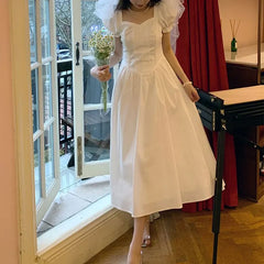 Cyflymder Fashionable Lace Spliced Midi Dress Summer Vintage Puff Sleeve Female Clothing French Style Square Collar White Waist Dresses