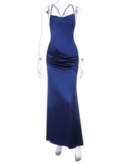 Cyflymder Elegant Satin Slip Maxi Dress for Women Solid Sexy Sleeveless Criss-cross Backless Ruched Slim Bodycon Evening Party Gown
