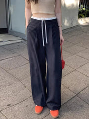 Cyflymder Korean chic spring retro niche splicing high waist lace up versatile slim striped casual pants wide leg pants long 2025 New