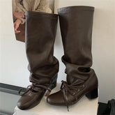 Cyflymder Soft Leather Lace Up Pleated Knee High Boots for Women Round Toe Square Low Heels Long Booties Ladies Autumn Winter Shoe Female