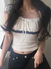 Cyflymder Casual Dot Printed T Shirt French Style Slim Bandage Lace Trim Short Sleeve Tees Women 2025 Summer Fashion Streetwear