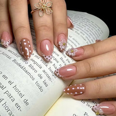 Cyflymder 24Pcs Short Almond Detachable Press on Nails Black White Polka Dot False Nails Gradient French Pearl Full Cover Fake Nails Tips