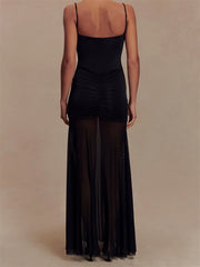 Cyflymder Elegant Sleeveless Maxi Dress with Ruched Detailing and Cutout Front Spaghetti Strap Backless Design for Women