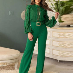 Cyflymder Women Casual O-neck Long Sleeve Party Romper Elegant Lace-Up Belt Waist Solid Playsuits Fashion Patchwork Hollow Long Jumpsuit