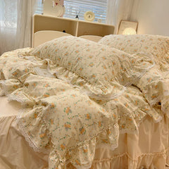 Cyflymder 100% Cotton Vintage Countryside Rose Floral Lace Ruffles Duvet Cover Set Bed Skirt Or Bed Sheet Pillowcases Girls Bedding Set