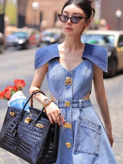 Cyflymder Trendy Fashion Women's Metal Buckle Waist Hollow Out Denim Dress Spring Lapel Sleeveless Split Dresses Female