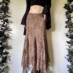 Cyflymder Y2K Retro Print Skirt Women American Style Sheer Mesh Long Skirt, Asymmetrical Hem Low Waist High Slit Maxi Skirt