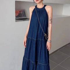 Cyflymder Sweet Hot Girl Casual Strap Denim Dress for Women's Summer Pure Sexy Loose A-line Long Dress Fashion Female Clothes