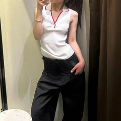 Cyflymder French American Retro Knitted Sleeveless Neck Hanging Vest Women Summer New Color Collision Outerwear Top Polyester Blend