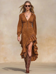 Cyflymder Women's Vintage Suede Fishtail Dress Lapel Sexy Deep V-Neck Button Slim Elegant Dress Chic Long Sleeve High Street Midi Dresses