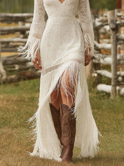 Cyflymder Elegant Vintage Women's Boho Tassel Dress White Lace V Neck Fringe Sleeve Autumn Fashion Party Dress Wedding Guest Maxi Dresses