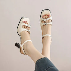 Cyflymder Summer Large Size Luxury Sandals Square Toe Low-Heeled Shoes With Strap Suit Female Beige Breathable Big Fashion Low-heeled