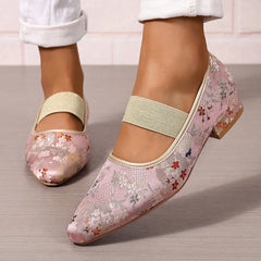 Cyflymder Women's Low Heels Shoes Woman Elastic Band Point Toes PUmps Shallow Cloth Fabric Embroidery Women Ladies Square Heel Shoe