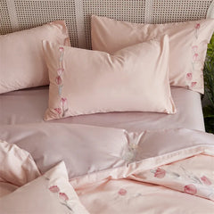 Cyflymder Long-staple Cotton Floral Blossom Embroidery Comfortable Ultra Soft (1Duvet Cover+1Flat Bedsheet/Fitted Bedsheet+ 2Pillowcases)
