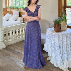 Cyflymder Stylish French Style Long Dress Female Clothing Vintage Purple Plaid Summer New V-Neck Drawstring Elegant Flying Sleeve Dresses