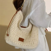 Cyflymder Vacation Woven Bag with Leather Round Shoulder Strap, Hollow Shoulder Bag, Summer Knitted Beach Bag for Women Work Travel Party