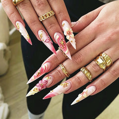 Cyflymder 24Pcs Medium Almond Colorful Floral Patterns Press on Nails Fresh French Summer Fashion Beauty Nails Tips Gradient Wearing Nails