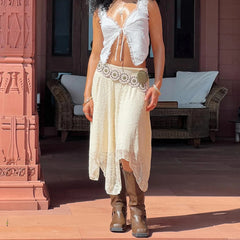 Cyflymder Women Y2K Lace Midi Skirt Sheer Mesh Skirts Boho Ruffle Long Flowy Skirt See Through Beach Holiday Floral Maxi Skirt