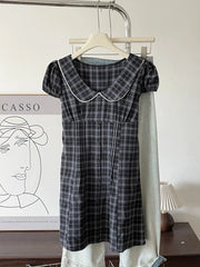 Cyflymder Summer Vintage Plaid Print Peter Pan Collar Puff Sleeve Buttons A-LINE Short Woman Dress