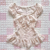 Cyflymder American Sweet Slim Spliced Lace O Neck Short Sleeve Blouse All Match High Street Y2k Buttons Clothes Summer Punk Draped Tops