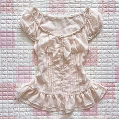 Cyflymder American Sweet Slim Spliced Lace O Neck Short Sleeve Blouse All Match High Street Y2k Buttons Clothes Summer Punk Draped Tops