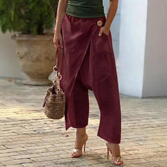 Cyflymder Women's Baggy Pants Cotton Linen Harem Woven Trousers High Waist Pocket Crop Pants Wrap Front Cropped Wide Leg Pants Solid
