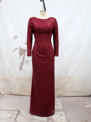 Cyflymder Backless Luxury Elegant Women'S Dresses For Party Evening Red Long Sleeve Cocktail Sequins Formal Maxi Mermaid Wedding Dresses