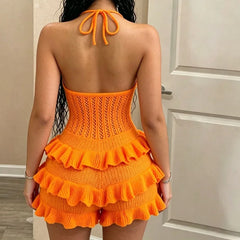 Cyflymder Doyerl Crochet Knitted Romper Woman Jumpsuit Shorts Beach Style Holiday Halter V-neck Floral Hollow Out Ruffles Summer Playsuit