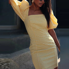 Cyflymder Fashion Plaid Print Draped Short Dress Elegant Square Collar Commuting Mini Dress Women Casual Puffed Sleeve Holiday Party Dress